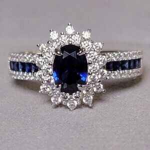 Sterling Silver White Gold Plated Sapphire Halo Ring CZ Princess Diana Style NWT